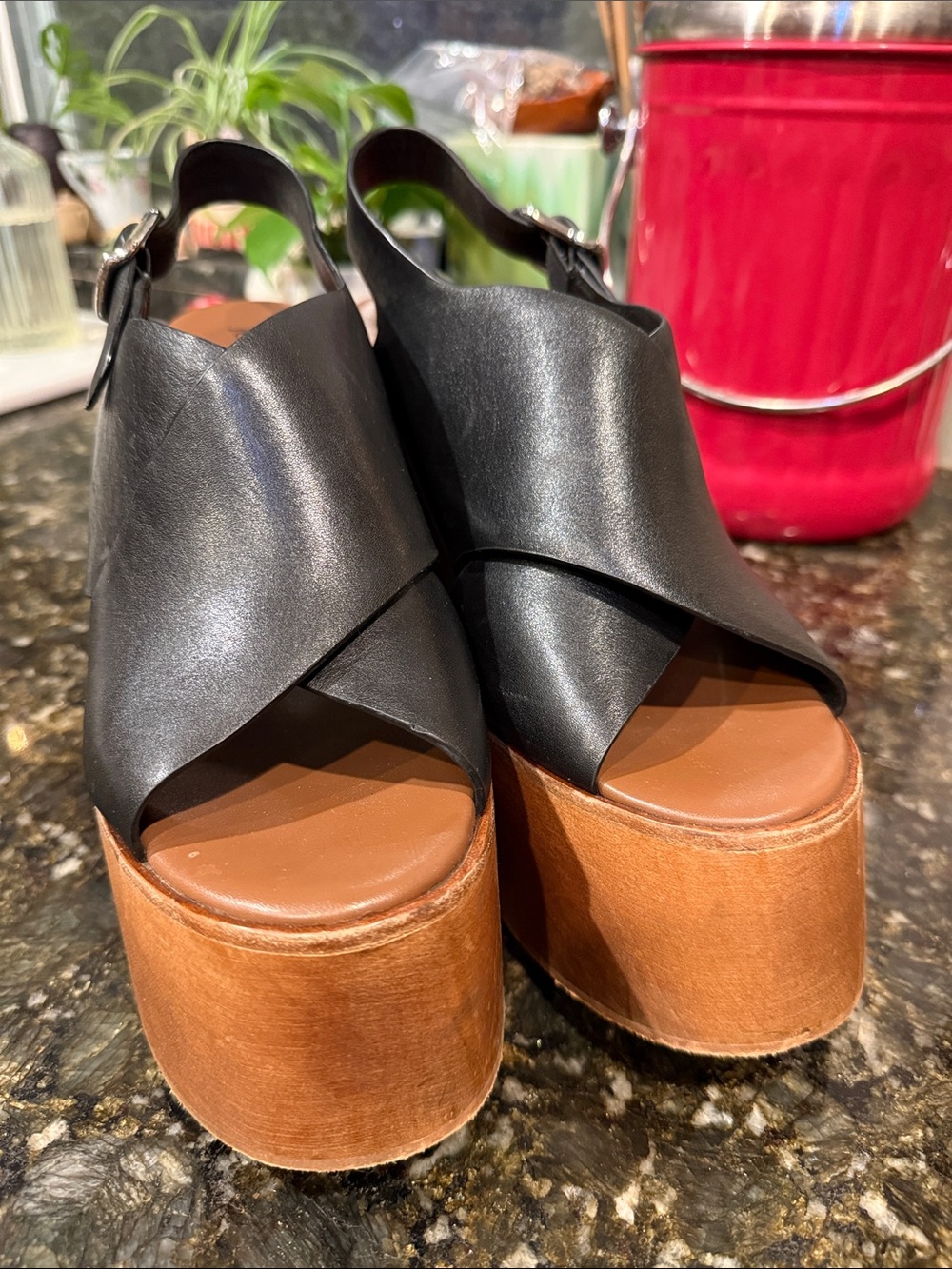 Jeffrey Campbell Black Leather Cross-Over Platform Sandals with Tan Wood Heel